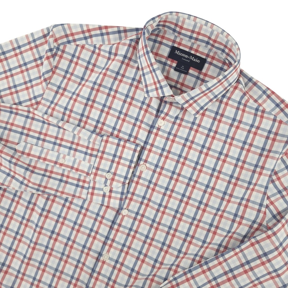 Mizzen+Main Leeward Dress Shirt Mens XL Red Blue Plaid Slim Fit Stretch